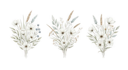 Fototapeta premium Three beautiful bouquets of white flowers and leaves isolated on transparent background with decorative elements and berries