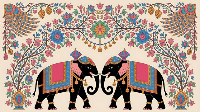 Indian mughal miniature painting depicting a maharaja procession with elephants and attendants
