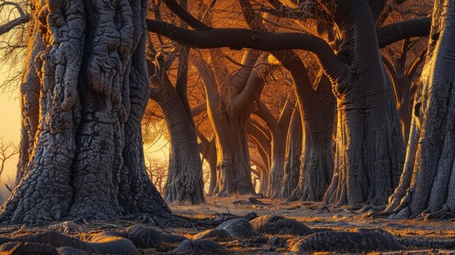 Vibrant baobab grove captured against orange sunset with Canon EOS