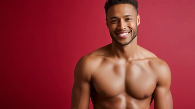 Confident young african male with muscular physique on red background