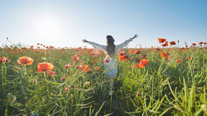 Obraz premium Smiling woman stretching arms wide, wandering through vibrant red poppy meadow, basking in warm sunlight