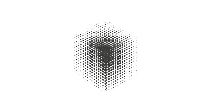 Abstract halftone dot pattern forming a three dimensional cube
