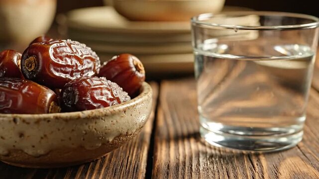 Dried brown dates in a textured ceramic bowl on a rustic wooden table next to a clear glass of water, close up shot with warm natural lighting and shallow depth of field.
