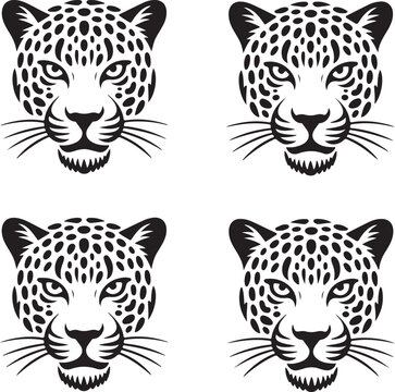 Collection of four black and white leopard head featuring detailed spots and whiskers, isolated on a white background