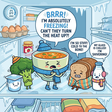 Freezer food characters express freezing cold in cartoon style