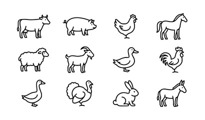 Fototapeta premium Farm Animals Monoline Icon Set with Cow Pig Chicken Horse and Sheep Vector