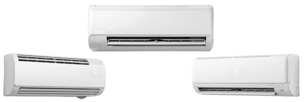 A Set of Three white split air conditioners, modern wall mounted AC units for cooling and heating, minimal home climate control illustration pack, crisp PNG

