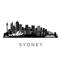Obraz premium Sydney Skyline Silhouette: Iconic Australian City Landmarks, Monochrome Graphic