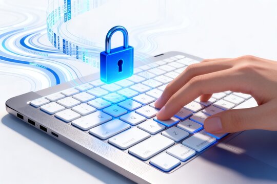 Hand typing on keyboard with digital lock security concept