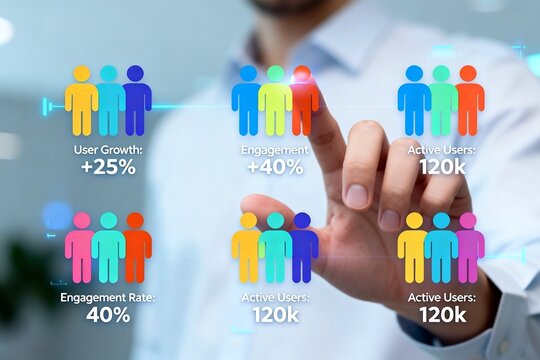 Businessman Interacting with Digital User Growth and Engagement Stats