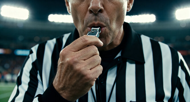 Close-up of a sports referee blowing a whistle on a stadium field, ready to signal a penalty or start the game