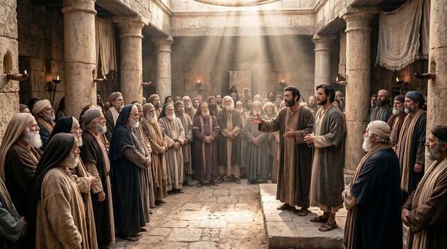 Biblical scene with apostle Peter and John speaking to religious leaders and priests. Apostles answering before elders about their faith. Historical reenactment of the Acts of Apostles