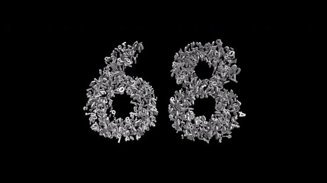 Number 68 Formed by Small Digits Animation with Alpha Channel. Typographic Number Formation Effect. Digital Number Made of Numbers. 3D Font Typographic Animation. Transparent BG