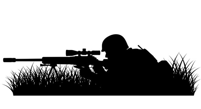 Black silhouette of a sniper soldier lying in the grass.