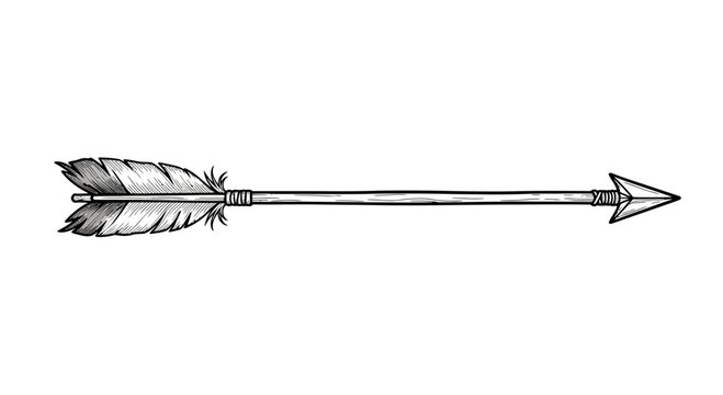 Hand-drawn arrow with feather fletching, tribal or bohemian style, isolated on white background.