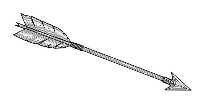 Hand-drawn arrow with feather fletching, vintage style, isolated on white background.