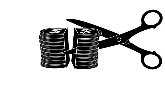 Black silhouette illustration of scissors cutting a stack of dollar coins.