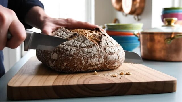 Cutting a loaf of artisanal sourdough bread with a serrated knife on a wooden cutting board