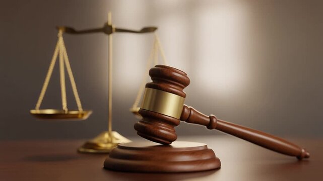 Cinematic gavel and golden balance scales on polished surface, blurred background symbolizing justice, fairness, integrity, trust, and decision‑making