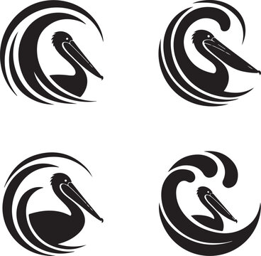 Four black silhouette of pelicans in circular water splash frames, isolated on a white background, for nautical or wildlife branding