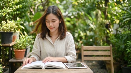 Fototapeta premium Reading book portrait of a peaceful Asian woman studying with a digital tablet on a wooden table inside a green garden. copy space