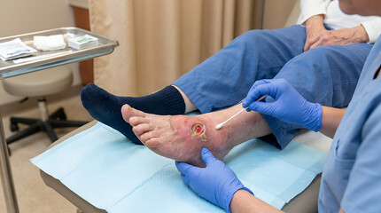 Obraz premium Medical Foot Examination Procedure in Clinic with Patient Relaxing on Chair