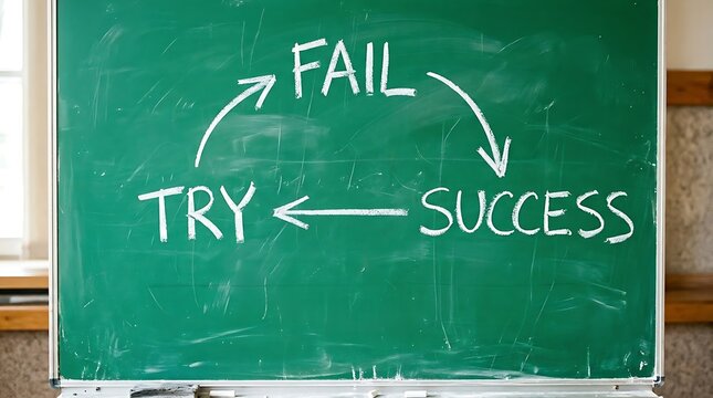 Green chalkboard with try and fail to success motivational text and arrows