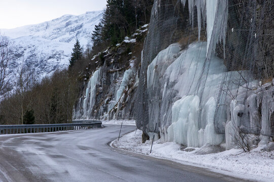 A beautiful landscape with a road going from Eidsdal towards Geiranger. A winter scenery on Eidsvatnet in Norway, Geiranger area, UNESCO world heritage site.