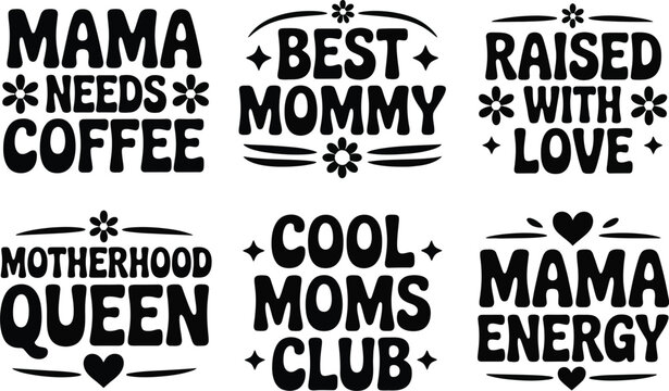 Retro groovy mama svg bundle with motherhood queen and mama needs coffee typography including best mommy and raised with love quotes featuring vintage bubble font style.