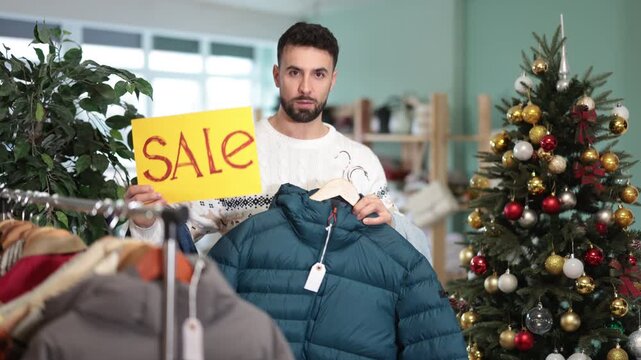 Man with poster in hands announces X mas SALE. Closing of season and price reduction in family clothing store, closing of season, record price reduction, liquidation of collection