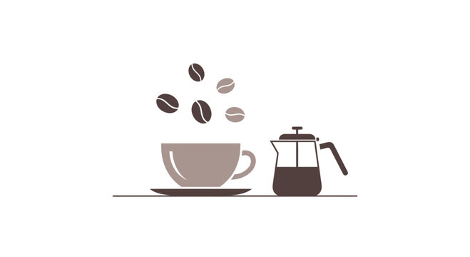 Modern Coffee Cup with Flying Beans and Moka Pot Icon