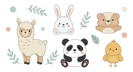 Naklejka premium Cute cartoon animals collection llama panda bear bunny chick.