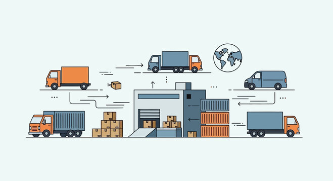 Logistics and Delivery Network: Warehouse, Trucks, Vans, and Global Shipping