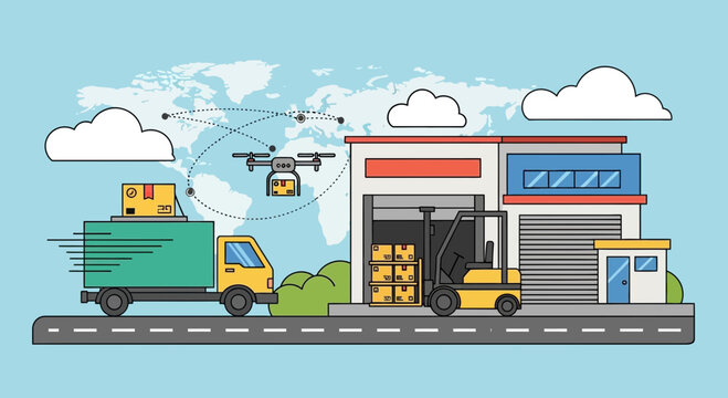 Logistics and Delivery Services: Truck, Drone, Forklift, Warehouse, Global Network
