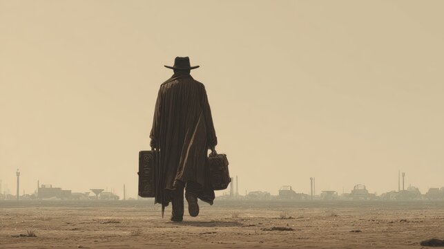 Lone figure in long coat and hat walks across desolate landscape toward distant structures