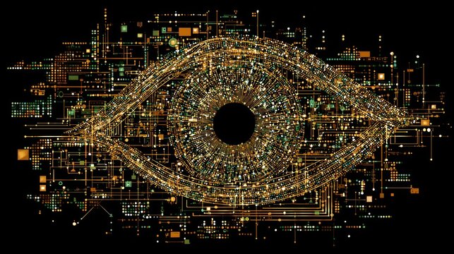 Illuminated digital circuitry forms a complex symbolic representation of human vision against a dark background.