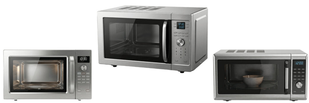 A Set of Three stainless steel microwave ovens, modern countertop kitchen appliances with digital controls and glass doors, realistic cooking device PNG


