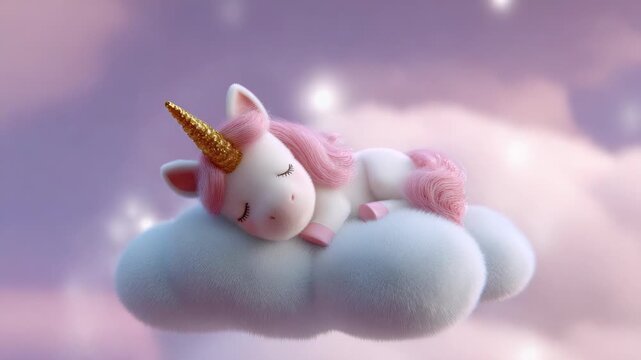 Adorable plush unicorn sleeping on fluffy cloud in dreamy sky scene