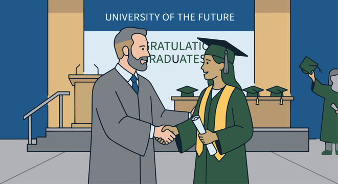 Flat vector illustration of a professor shaking hands with a student, graduation cap visible in background, professional interaction, clean aesthetic.