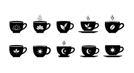 Obraz premium Set of black coffee cup icons with natural and celestial symbols lotus leaf sun moon star coffee bean silhouettes creative cafe branding isolated on white background
