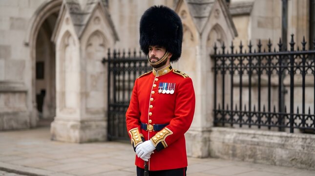 British King's Guard in traditional red tunic and bearskin hat standing at attention in front of historical London palace gates showcasing iconic UK culture and tourism concept