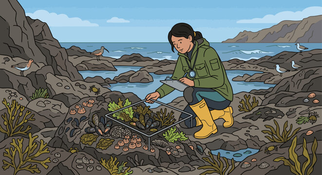 A flat vector scene showing a marine biologist on a rocky shore during low tide, wearing rubber boots, using a quadrat square to survey intertidal species like barnacles and mussels.