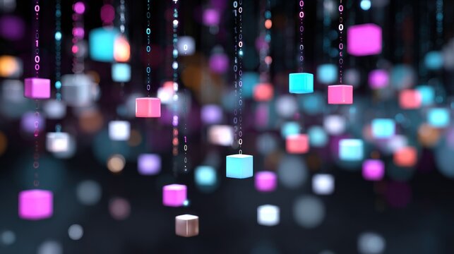 Glowing digital cubes descend through a stream of binary code against a dark background.