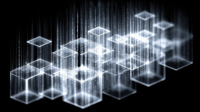 Glowing digital cubes illustrate abstract concepts of data flow and network structure