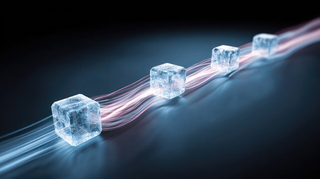 Illuminated crystalline blocks travel along a luminous data stream in a dark digital environment