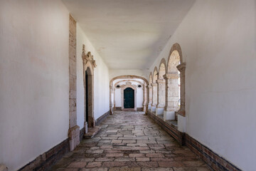 Obraz premium Arcaded corridor of sanctuary of Our Lady of Nazare church, baroque architecture landmark, Nazare, Portugal