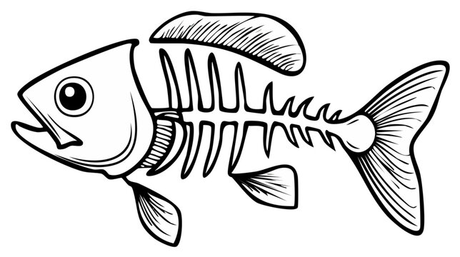Fish skeleton illustration. Line drawing of a dead fish isolated on white background. Graphic style drawing of fishbone with fins and tail.