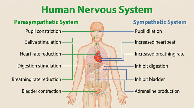 Anatomical diagram of the human nervous system functionality with parasympatheti