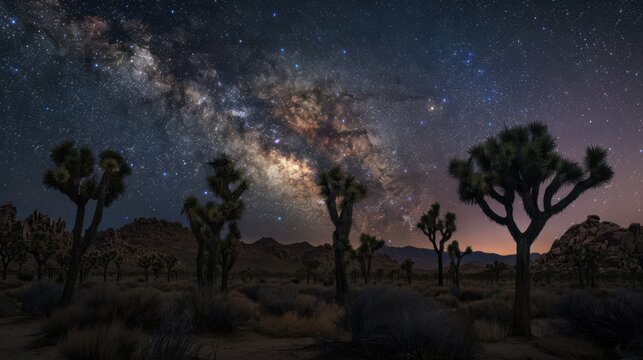 Ultrarealistic Canon EOS R5 photo of Joshua tree grove under starry Milky Way sky