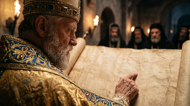High priest and pharisees gathered around wooden table examining ancient parchment scroll in stone room. Biblical scene depicting council of religious leaders in Jerusalem historical setting